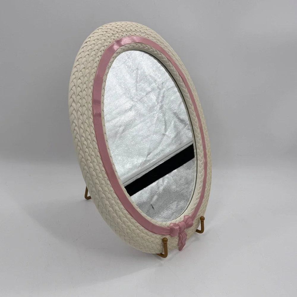 Vintage Oval Nursery Mirror Pink Bow Woven Frame Home Interiors & Gifts